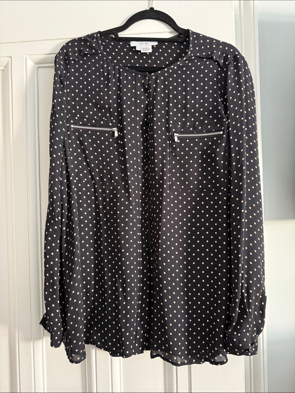 Per Se Black Blouse with Cream Polka Dots and Zip Pockets